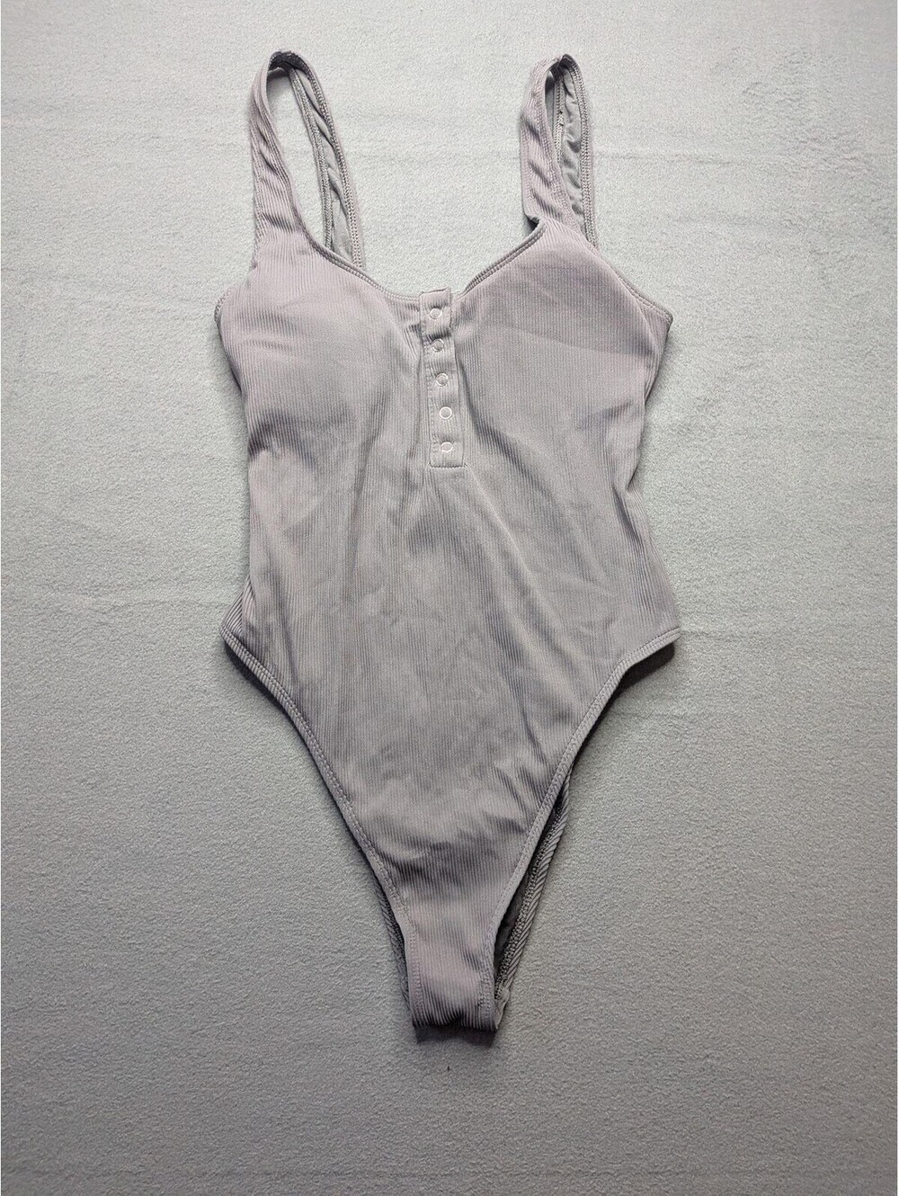 Aerie One Piece Swimsuit Womens M Gray Ribbed Snap Front High Cut Swimwear